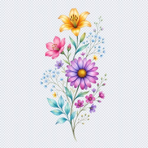 Watercolor Floral Bouquet PNG with Purple Daisy and Yellow Lily