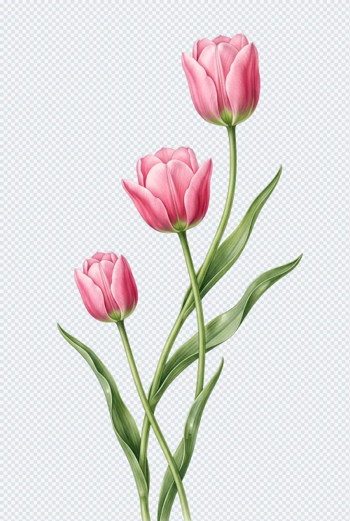 Three pink tulip flowers with green leaves and stems isolated on a transparent background.