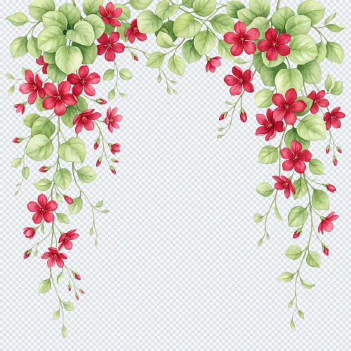 Watercolor red floral arch with hanging green leaves and vines on a transparent background.