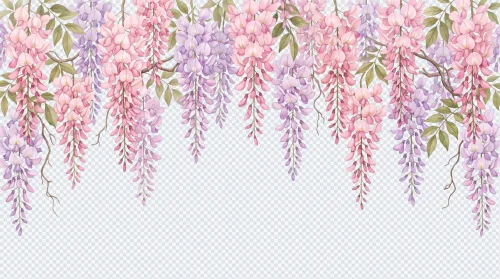 Illustrated border of hanging pink and purple wisteria flowers with green leaves on a transparent background.