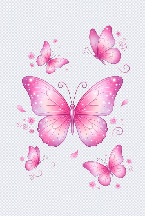 Pink Butterfly PNG Illustration with Sparkles and Flowers