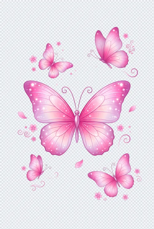 Illustrated pink butterflies with magical sparkles, swirls, and small pink flowers on a white background.