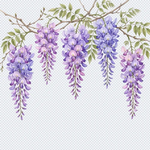 Watercolor purple wisteria hanging flowers with green leaves on a transparent background.