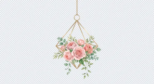 Hanging gold geometric frame with watercolor pink roses and green leaves on a transparent background.