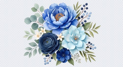 Blue and Navy Watercolor Floral Bouquet PNG Illustration