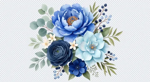 Watercolor bouquet of blue and navy peonies, ranunculus, and green eucalyptus leaves on a transparent background.