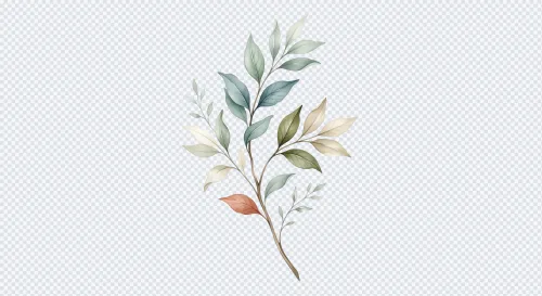 Watercolor branch illustration with soft pastel green, blue, and cream leaves on a transparent background.