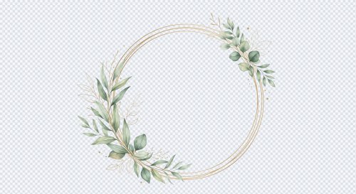 Circular Gold Frame with Watercolor Green Leaves PNG