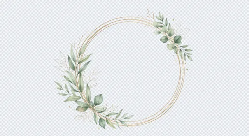 Circular gold frame with watercolor green leaves and gold line-art foliage on a transparent background.