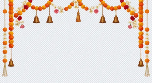 Indian wedding marigold garland and hanging brass bells decorative border on a transparent background.