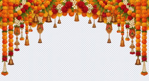 Marigold and Rose Indian Wedding Floral Arch PNG with Hanging Bells