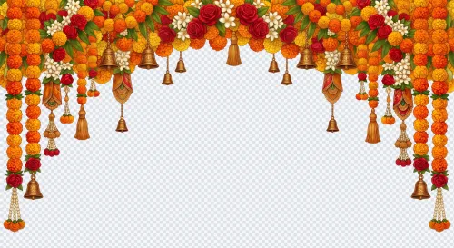 Indian wedding floral arch PNG with orange marigolds, red roses, white jasmine, and hanging brass bells.