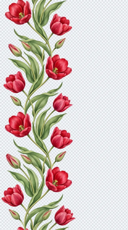 Vertical seamless border of red tulips with green leaves on a transparent background.