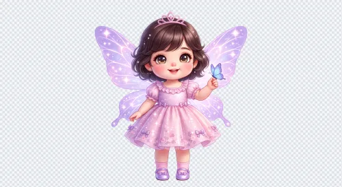 Cute baby girl fairy character with sparkly purple wings, pink dress, and tiara holding a blue butterfly.