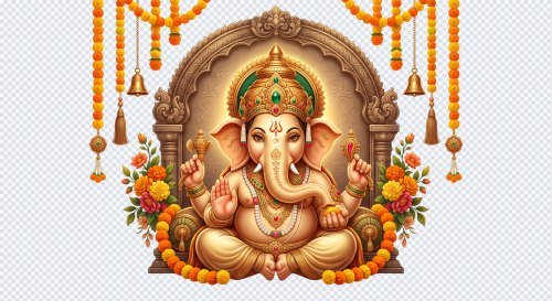 Lord Ganesha PNG Illustration with Marigold Garlands and Bells
