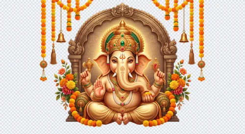 Lord Ganesha PNG illustration with marigold garlands and hanging bells for Indian wedding invitations.