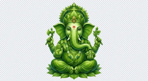 Eco-friendly Lord Ganesha illustration made entirely of green leaves on a transparent background.