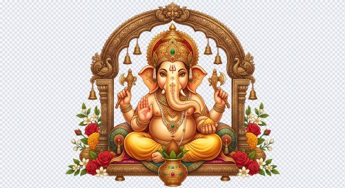 Lord Ganesha under Golden Arch with Kalash PNG Illustration