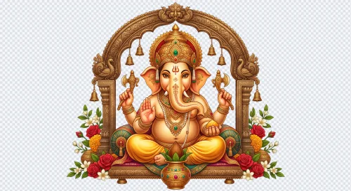Lord Ganesha illustration under a golden arch with a holy kalash and marigold flowers on a transparent background.