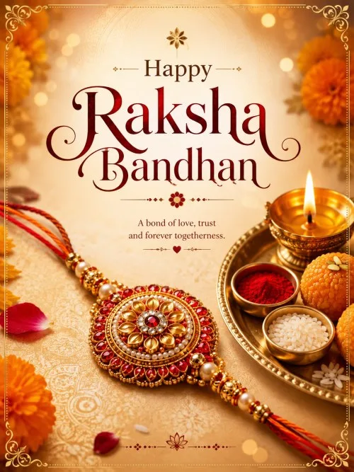 Traditional Rakhi with a golden pooja thali, burning diya, and sweets for Raksha Bandhan greeting card.