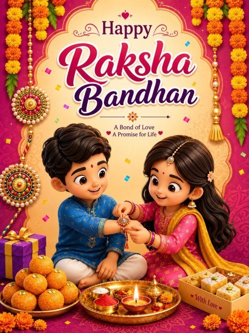 Happy Raksha Bandhan Ecard Template with Cute Sibling Illustration