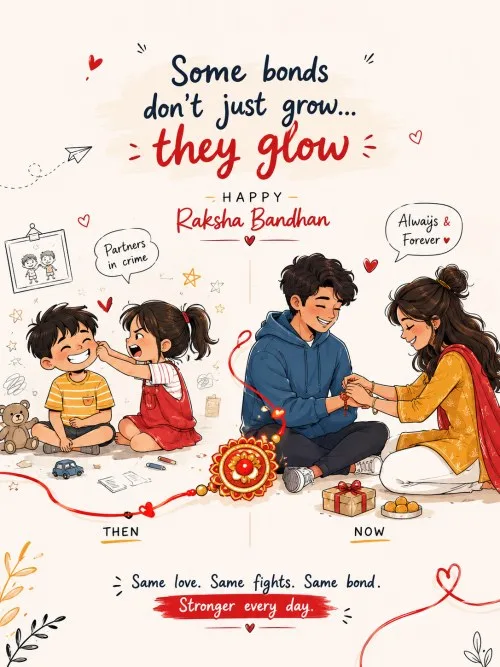 Raksha Bandhan greeting card template showing a brother and sister in childhood and adulthood tying a Rakhi.