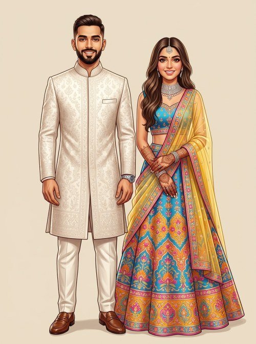 Sangeet Ceremony Caricature Illustration in Sherwani and Lehenga