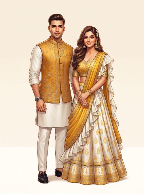 Haldi Couple Caricature Illustration for Wedding Invites