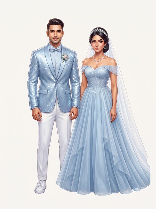 Sangeet Couple Caricature Illustration in Pastel Blue Outfits