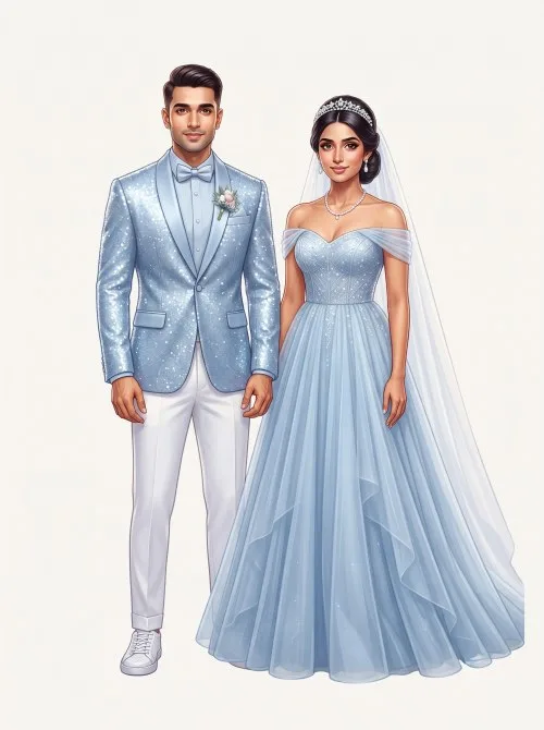 Indian bride in a pastel blue gown and groom in a glittering blue tuxedo for a Sangeet invitation.