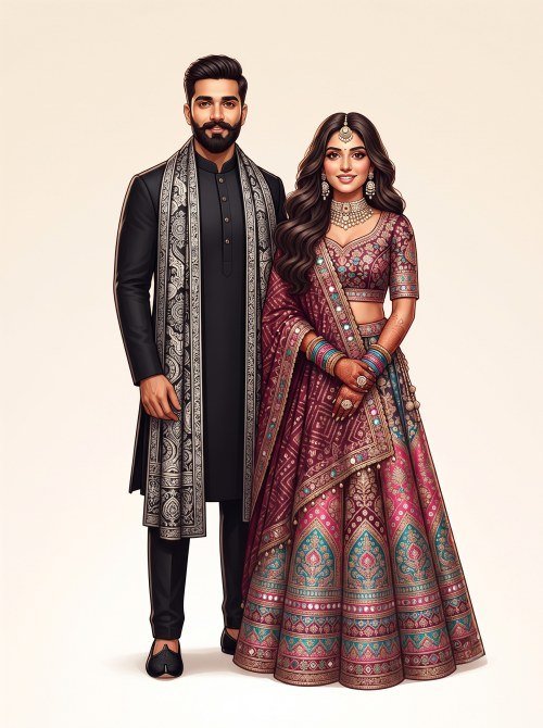 Sangeet Couple Caricature Illustration for Wedding Invitation