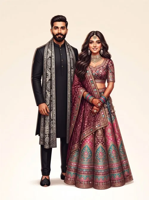 Indian couple caricature illustration wearing black sherwani and maroon lehenga for wedding invitation design.