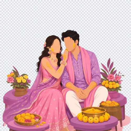 Faceless Indian Couple Haldi Ceremony PNG Illustration