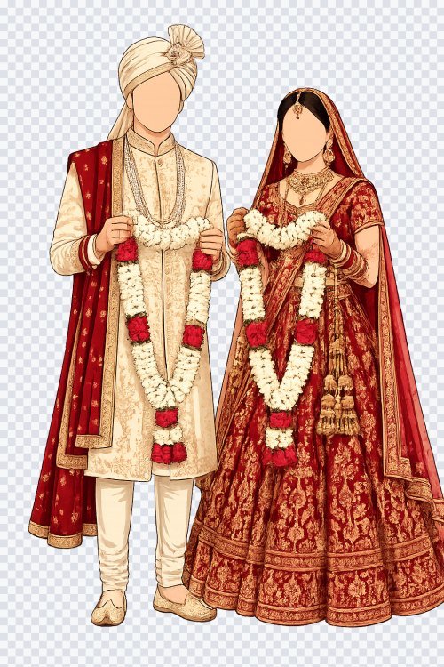 Faceless Indian Bride and Groom Jaimala Couple PNG Illustration