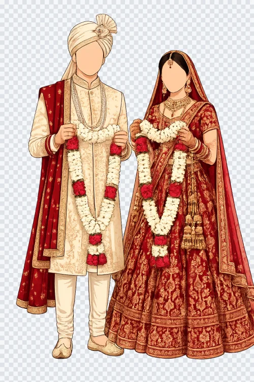 Faceless Indian wedding couple in red lehenga and cream sherwani holding Jaimala garlands.