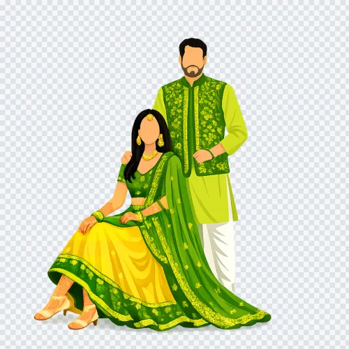Faceless Indian couple in green and yellow traditional attire for Mehendi ceremony illustration.