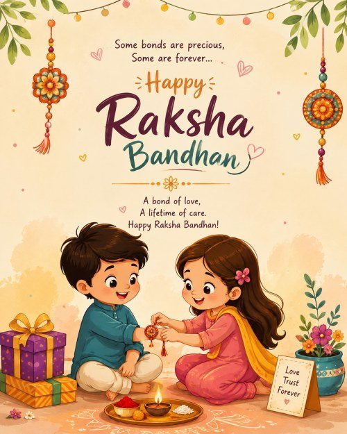 Happy Raksha Bandhan Ecard Template with Cute Sibling Illustration