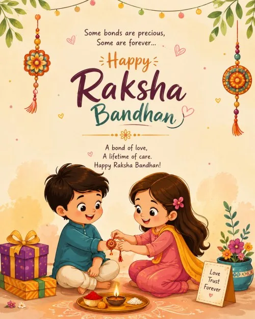 Cute cartoon brother and sister celebrating Raksha Bandhan, tying Rakhi with gifts and pooja thali.