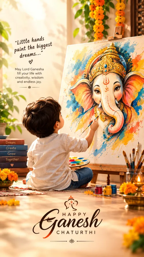 Young child painting Lord Ganesha on canvas for Ganesh Chaturthi festival poster