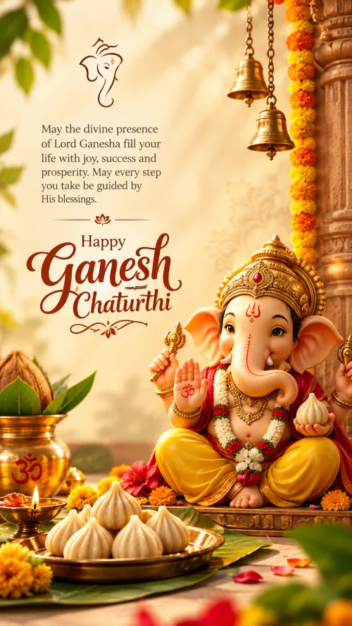 Happy Ganesh Chaturthi greeting template with Lord Ganesha, modaks, and marigold garlands.