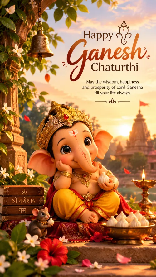 Happy Ganesh Chaturthi greeting template with cute Lord Ganesha illustration, diya, and temple background