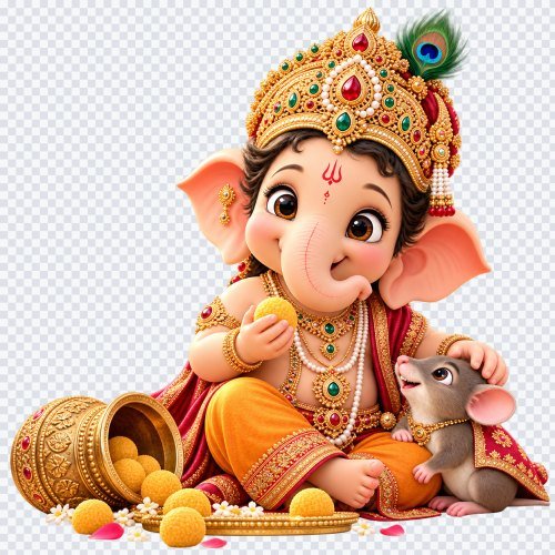 Cute Little Lord Ganesha PNG with Modak and Mooshak