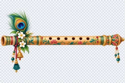 Decorative Bansuri Flute with Peacock Feather PNG Illustration
