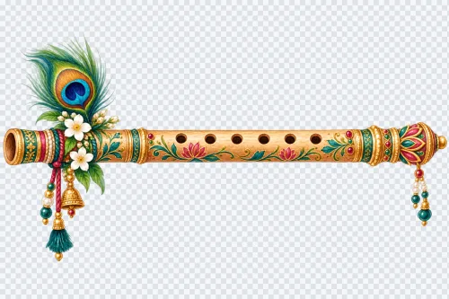 Decorative wooden Bansuri flute PNG asset with peacock feather and flowers on transparent background