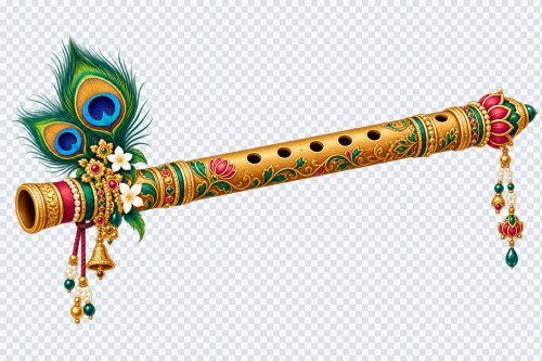 Decorative Bansuri Flute with Peacock Feather PNG