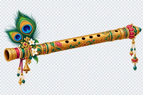 Decorative golden bansuri flute with peacock feathers and pearls isolated on transparent background