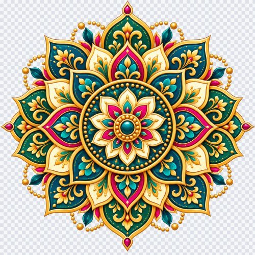Ornate Golden Mandala PNG Element with Teal and Pink Accents