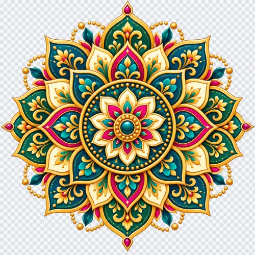 Ornate golden mandala PNG element with teal and pink floral details