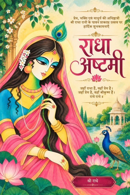 Radha Ashtami Wishes Greeting Card Design with Devotional Illustration