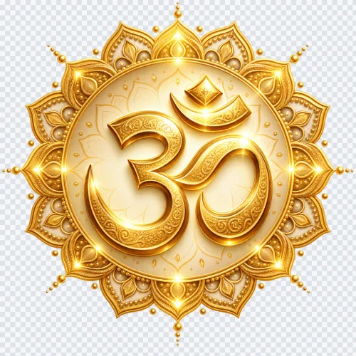 Golden Om symbol inside a decorative mandala frame transparent PNG